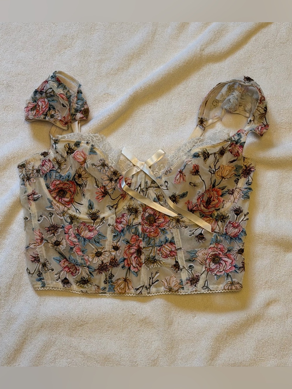 Victoria's Secret Floral Lace-Trim Corset like bra top in Cream, Pink and Blue